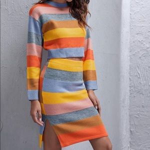 Drop Shoulder Striped Sweater & Split Skirt Set